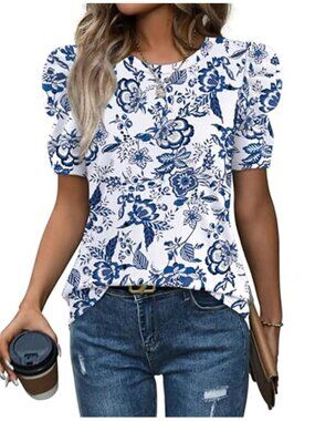 Womens Puff Sleeve Blouse Round Neck Short Sleeve Stretch Casual Summer Top